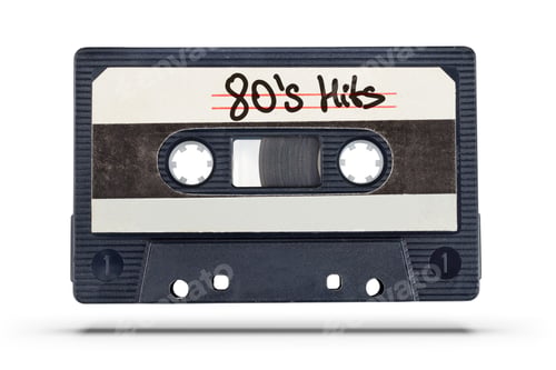 Preview: Old audio tape cassette with 80's hits text