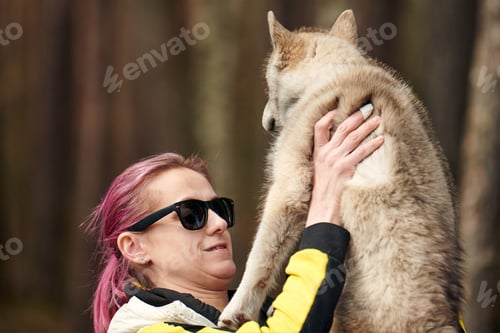 Preview: Woman with pink hair hugs beloved Siberian Husky puppy, true love of human and pet