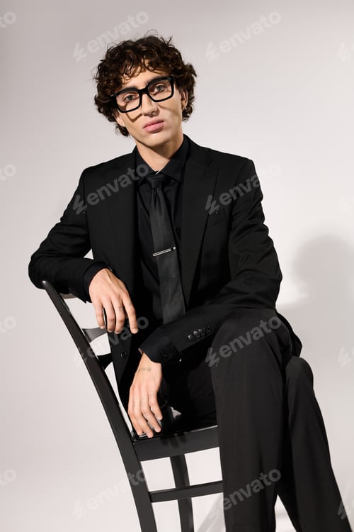 Preview: Young man showcases modern style in unique pose against a minimalist background