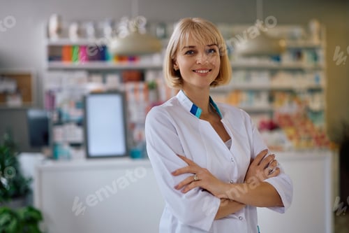 Preview: Portrait of confident female pharmacist looking at camera.
