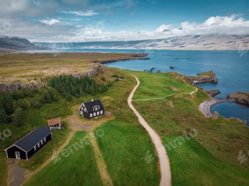 Preview: Aerial view of houses and cars on seashore, snaefellsnes, icelan