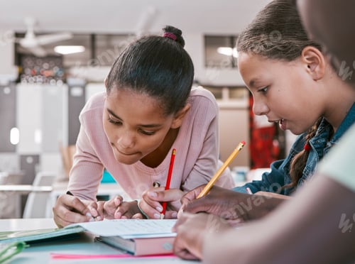 Preview: Kids, students and group writing in classroom for learning activity and education together with sta
