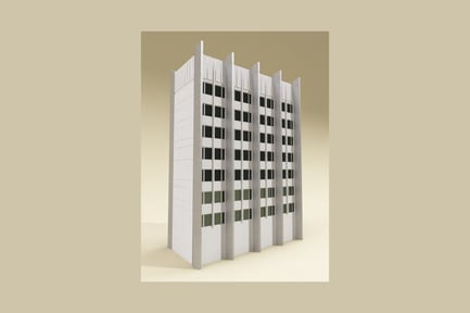 Preview: Multi-story building with gridded facade and symmetrical windows