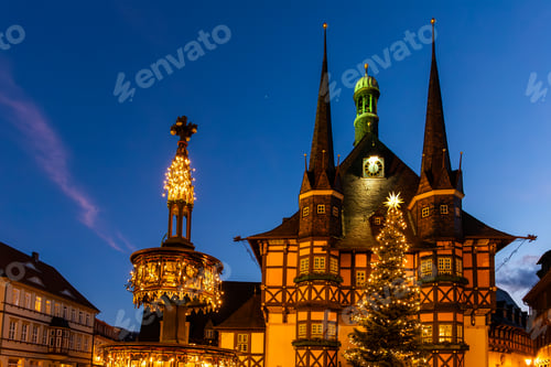 Preview: Market square historic city hall Wernigerode in Harz region of Sachsen-Anhalt Land Germany evening