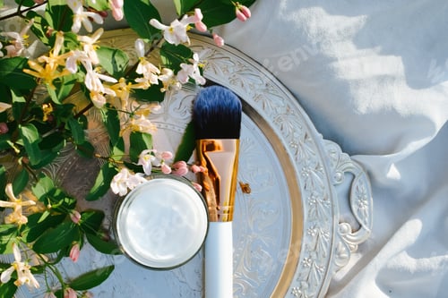 Preview: Beauty products with brush and moisturizer cream