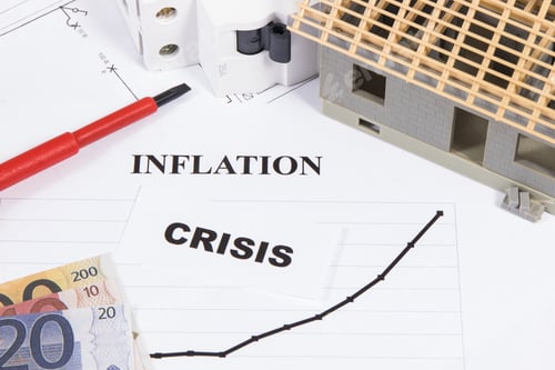 Preview: Electric fuse, screwdriver, small house under construction and currencies Euro