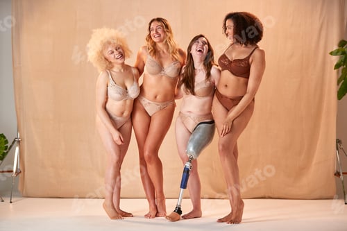 Preview: Group Of Diverse Women Friends One With Prosthetic Limb In Underwear Promoting Body Positivity