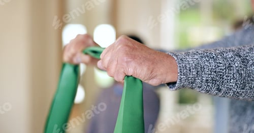 Preview: Hands, man and stretching resistance band for exercise, muscle or rehabilitation for strong arms in