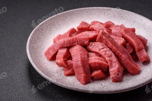 Preview: Juicy raw beef cut into slices with salt and spices