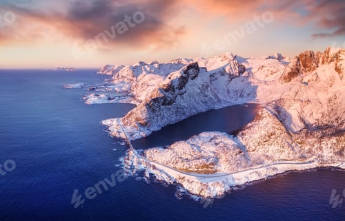 Preview: Aerial view at the Lofoten islands, Norway. Mountains and sea during sunset.