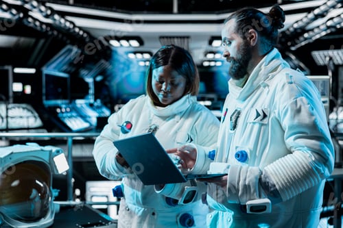 Preview: Team of cosmonauts running telemetry software on laptop