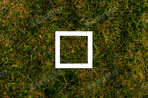 Preview: top view flat lay concept of white frame square on green grass lawn texture with copy space mockup f