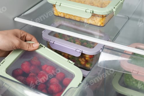 Preview: Woman taking box with frozen strawberry from refrigerator, closeup
