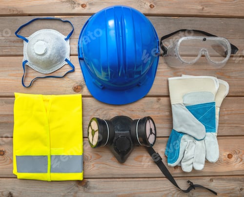 Preview: Work safety protection equipment. flat lay on wooden background.