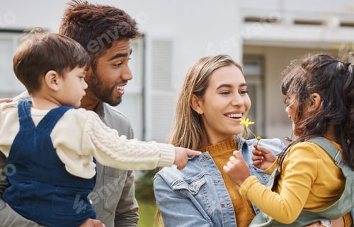 Preview: Happy, family and garden of new home with love, support and flower with parents and kids. Backyard,
