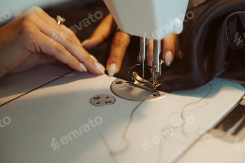 Preview: Woman tailor hands working on sewing machine.