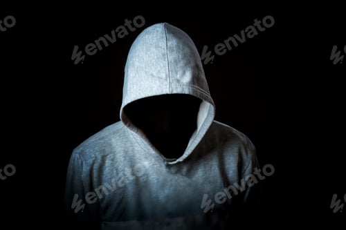 Preview: faceless incognito man wear hood on dark background isolated b