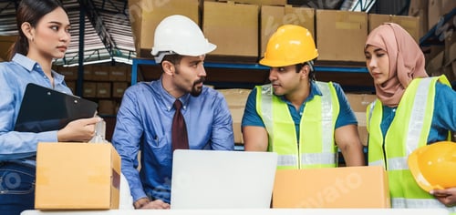 Preview: Banner Group of Diversity warehouse worker meeting and brainstorming together in local warehouse