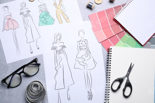 Preview: Sketches of stylish clothes and other fashion designer`s supplies on grey table, flat lay