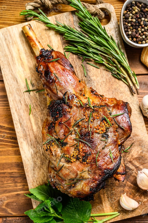 Preview: Roasted lamb, sheep leg on a cutting board with rosemary. wooden background. Top view
