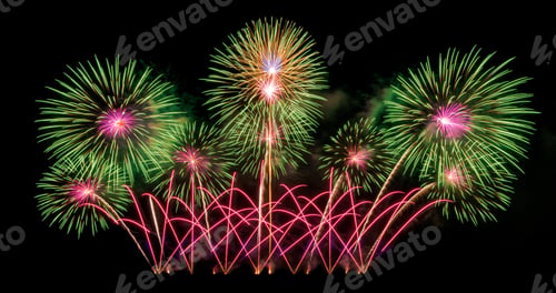 Preview: International fireworks festival display at night on black. Variety of colorful fireworks.