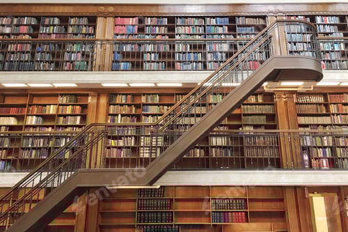 Preview: A staircase in a library. Bookshelves full of books over three levels
