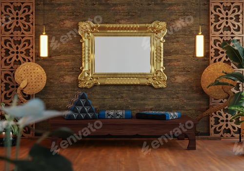 Preview: 3D illustration Mockup photo frame in lounge rendering