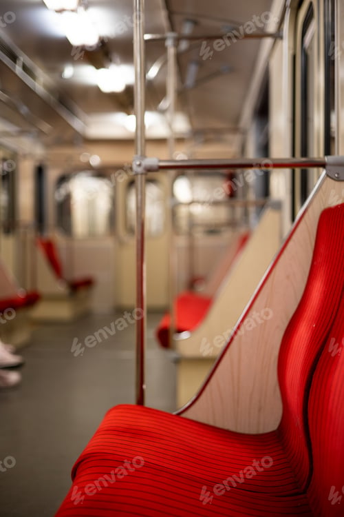 Preview: Subway car interior. Empty subway carriage, inside modern metro train. Window and seats of metro wag