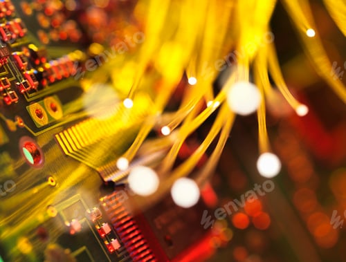 Preview: Fibre optics carrying data passing a circuit board