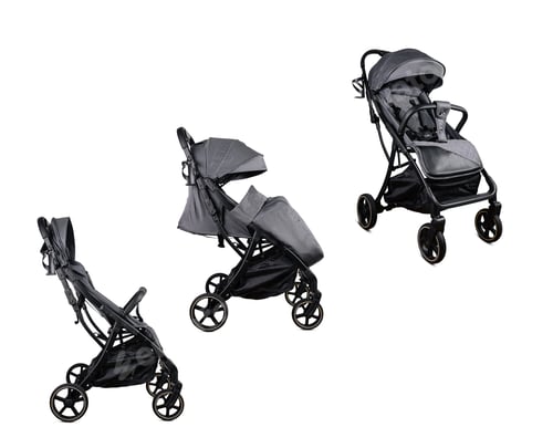 Preview: Modern gray baby stroller showing different positions isolated on white background