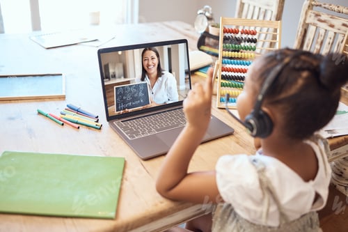 Preview: Video call, online education and child with teacher for math, numbers and school teaching, learning