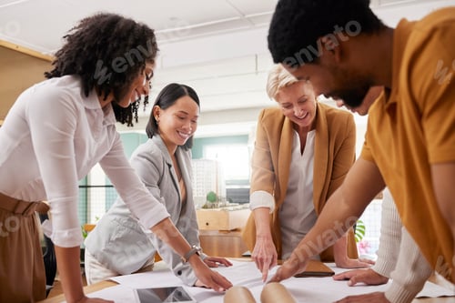 Preview: Business people, architecture teamwork and planning blueprint, design and collaboration meeting in