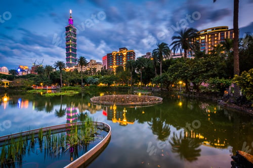 Preview: Taipei 101 And A Lake At Zhongshan Park At Night, In Xinyi, Taipei, Taiwan