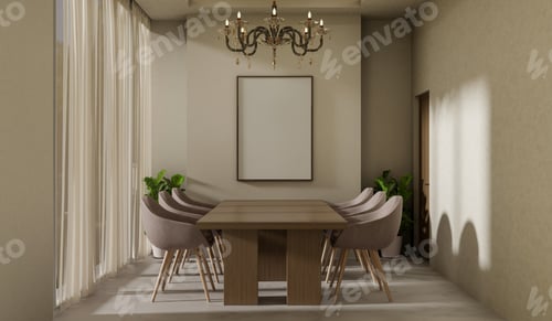 Preview: Wooden counter table and curved chairs with chandelier and white frame in dim dining or living room.