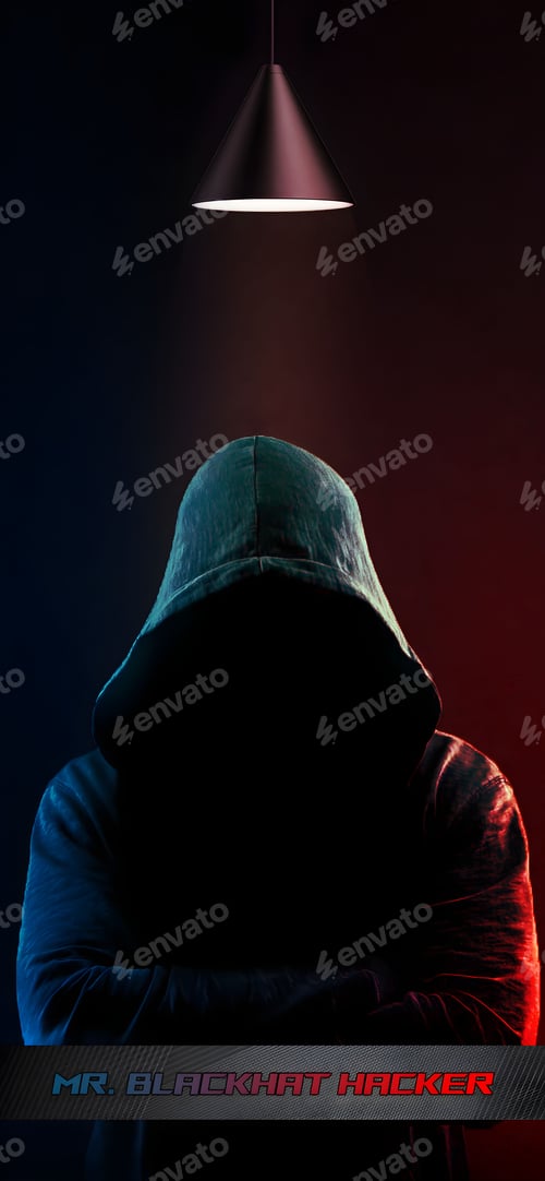 Preview: Vertical shot of a person with a hooded face with a 'mr. blackhat hacker' lettering