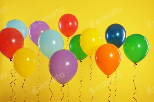 Preview: Bright balloons on color background. Celebration time