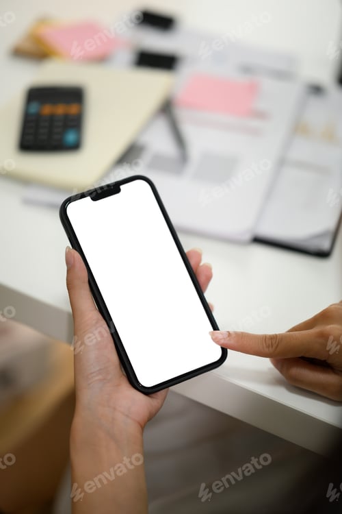 Preview: Close up of woman touching blank empty screen of mobile phone with finger