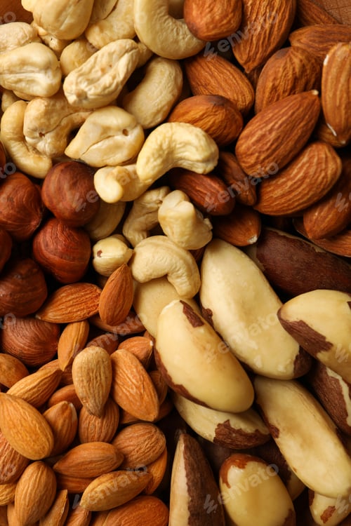 Preview: Different nuts on whole background, close up