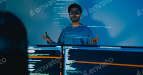 Preview: Asia male software developers mentor manager talk strategy plan to executive write prompt AI.