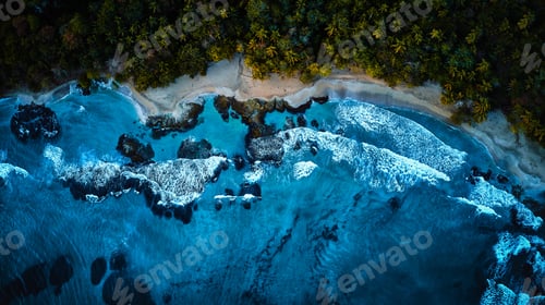 Preview: Aerial drone photo of paradise resort island with deep turquoise sea and beautiful white sand beach
