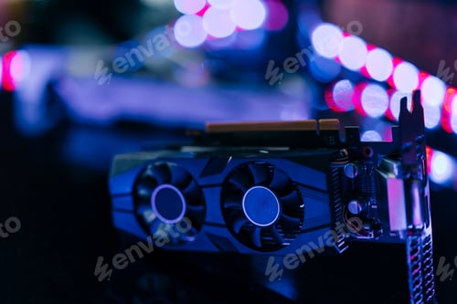 Preview: Black graphics card on black table under neon light. Part of computer for gaming and cryptocurrency