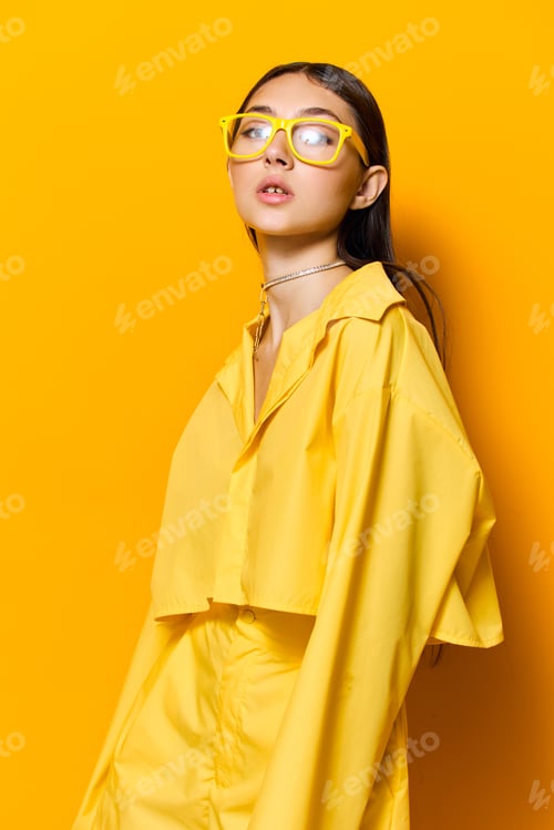 Preview: fashion woman girl expression young attractive lifestyle trendy beautiful glasses yellow