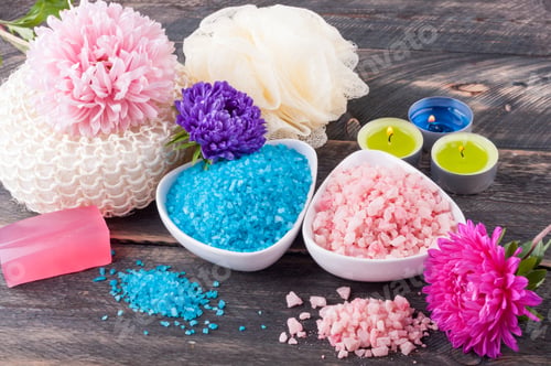 Preview: Spa set. Natural sea salt, soap, bath sponge and flowers for spa treatments