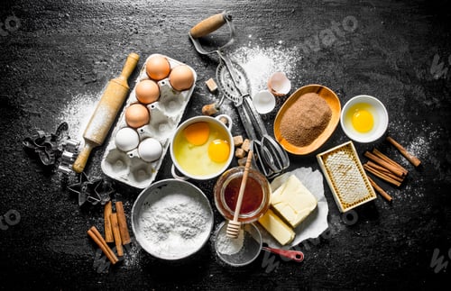Preview: Baking background. Ingredients for making cookies at home.