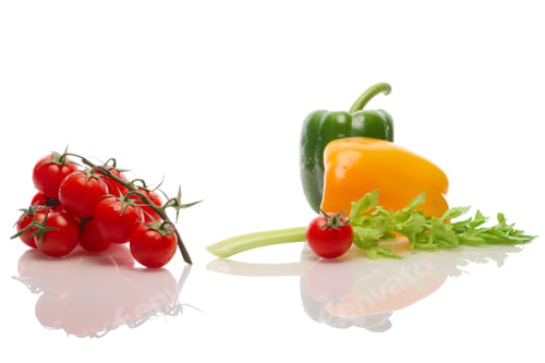 Preview: A branch of a tomato, celery and bell pepper with water drops and reflection on white background