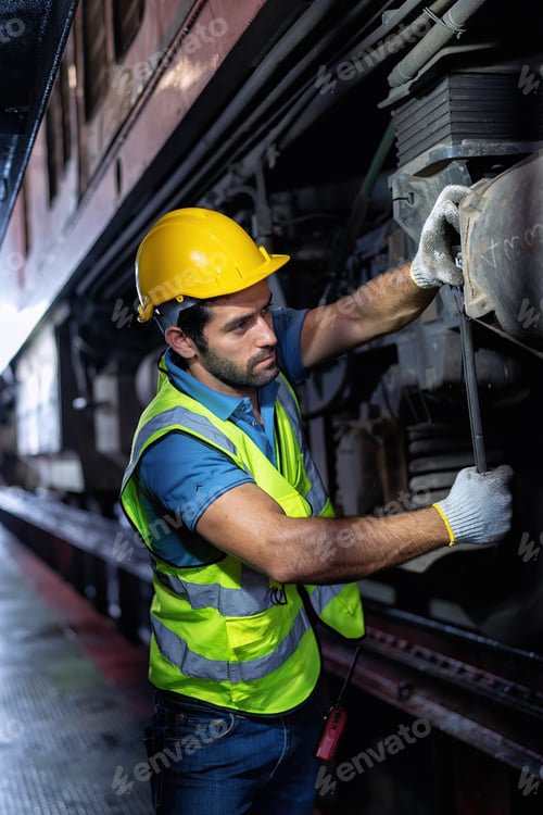 Preview: Mechanics service engineer working underneath train car maintenance transmittal system in the garage