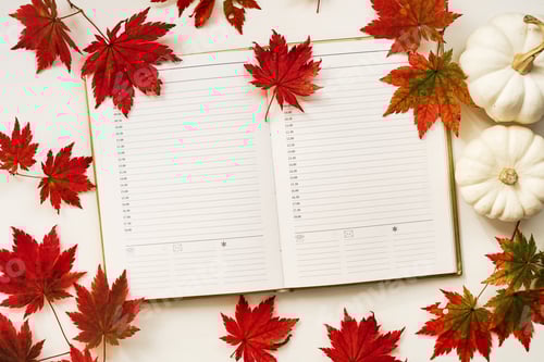 Preview: Notebook, coffee mug, autumn foliage and pumpkins on a knitted plaid. Autumn flat lay.