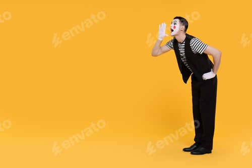 Preview: Funny mime artist screaming on orange background. Space for text