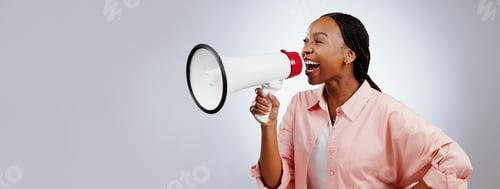 Preview: Happy woman, megaphone and voice for announcement, broadcast or news of sale or discount on white b