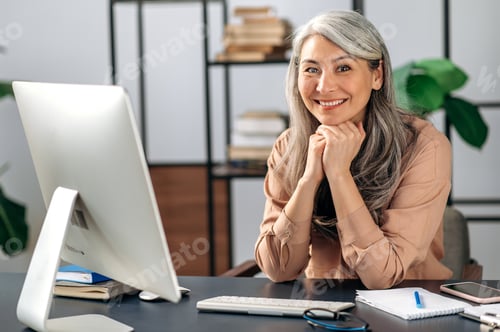 Preview: Mature asian, business woman, computer, smiling